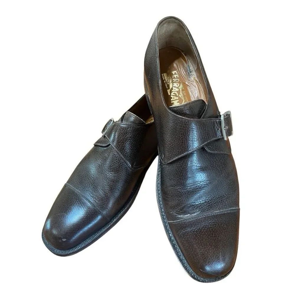 Salvatore Ferragamo Dark Brown Leather Plain Toe Monk Strap Oxford Size 11.5 D
